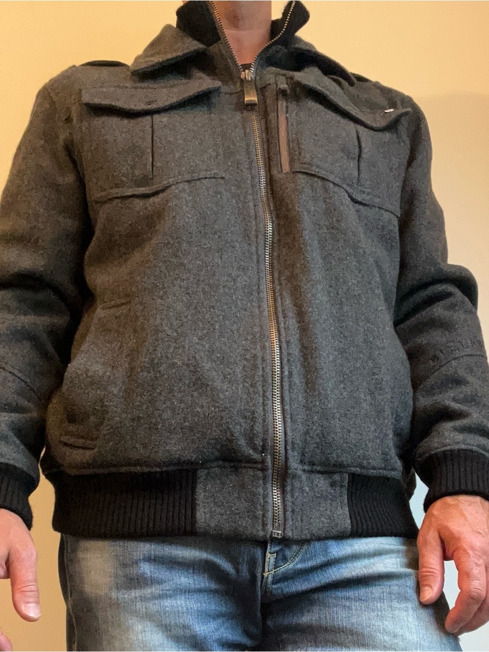 Billabong Men's Quilted Lined Wool Blend Military Bomber Jacket Grey L